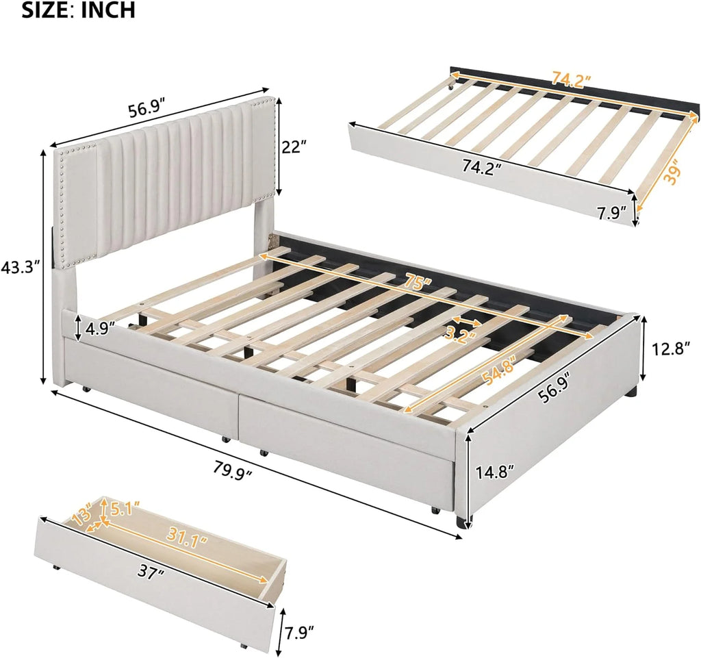 Beige Full Size Upholstered Platform Bed with 2 Drawers O193483