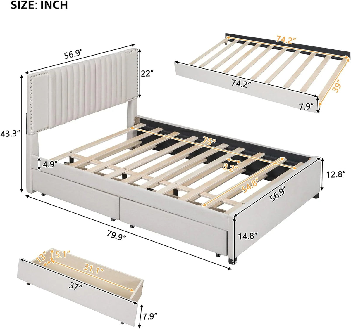Beige Full Size Upholstered Platform Bed with 2 Drawers O193483