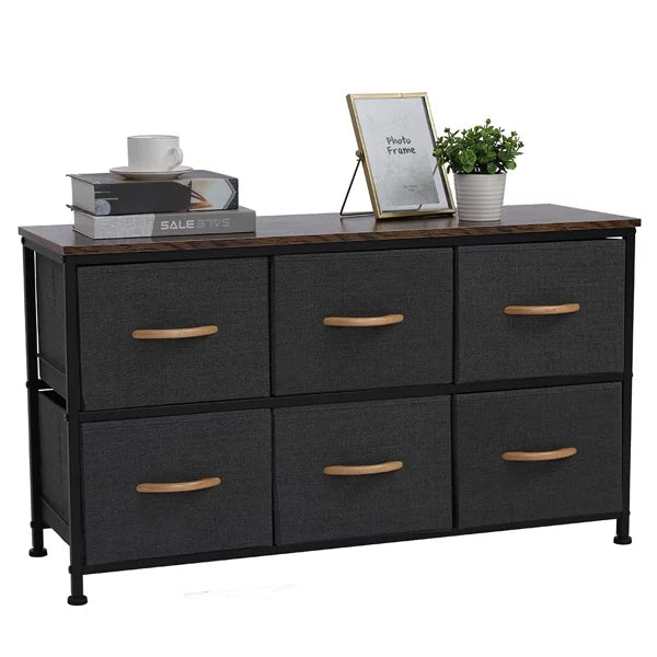Gray 6 Drawer Fabric Dresser with Wooden Tabletop C1064
