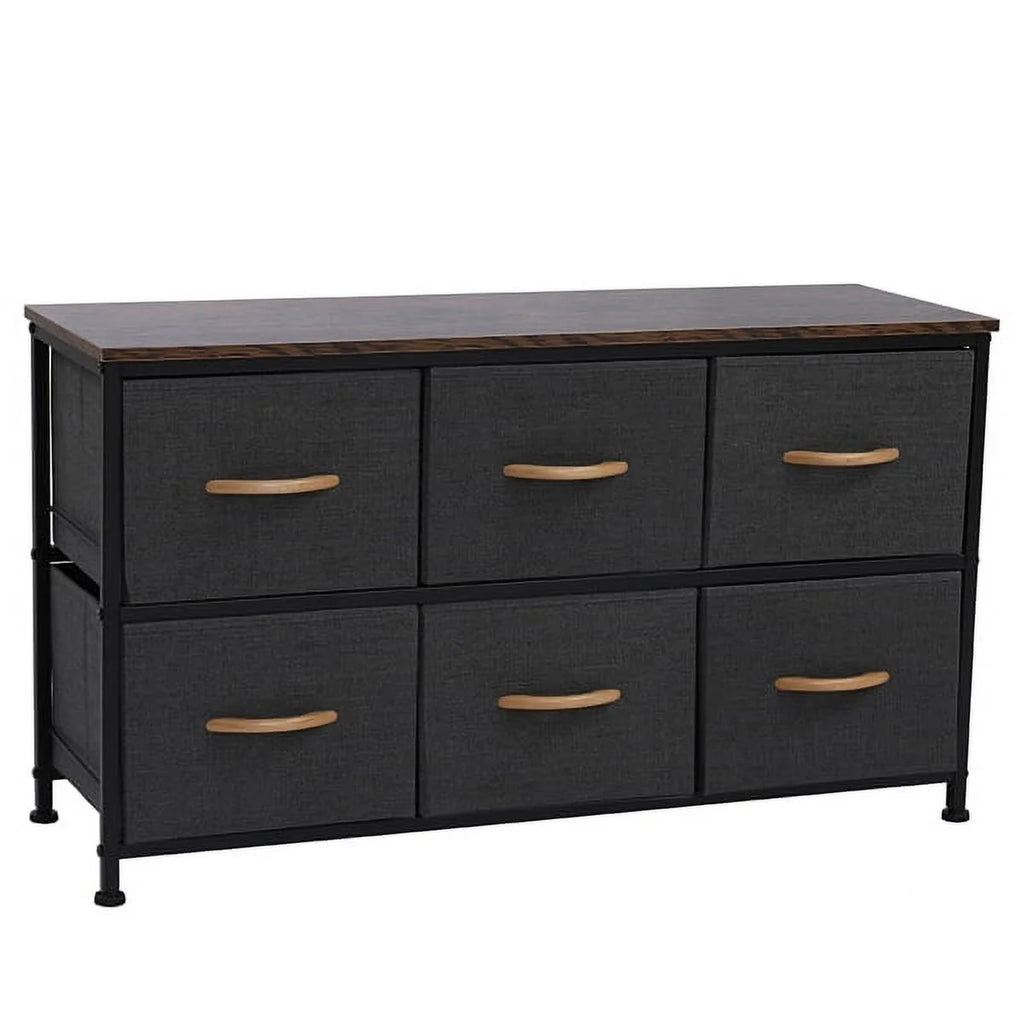 Gray 6 Drawer Fabric Dresser with Wooden Tabletop C1064