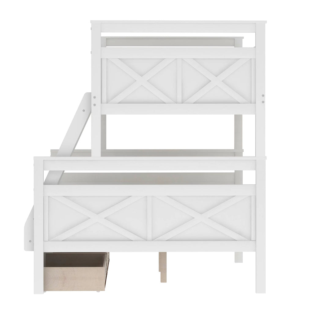 White Wood Twin over Full Bunk Bed with Trundle H55361