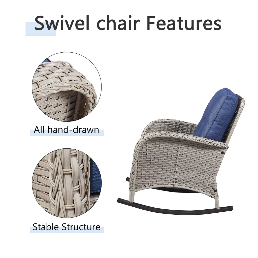3-Piece Wicker Rocking Chair with Side Table and Cushions S403
