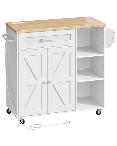 Black and Rustic Brown Rolling Kitchen Island Trolley with Power Outlet H30737