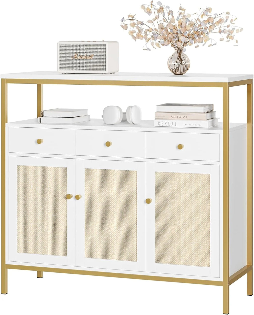 White and Gold Dresser with Drawers and Doors T470