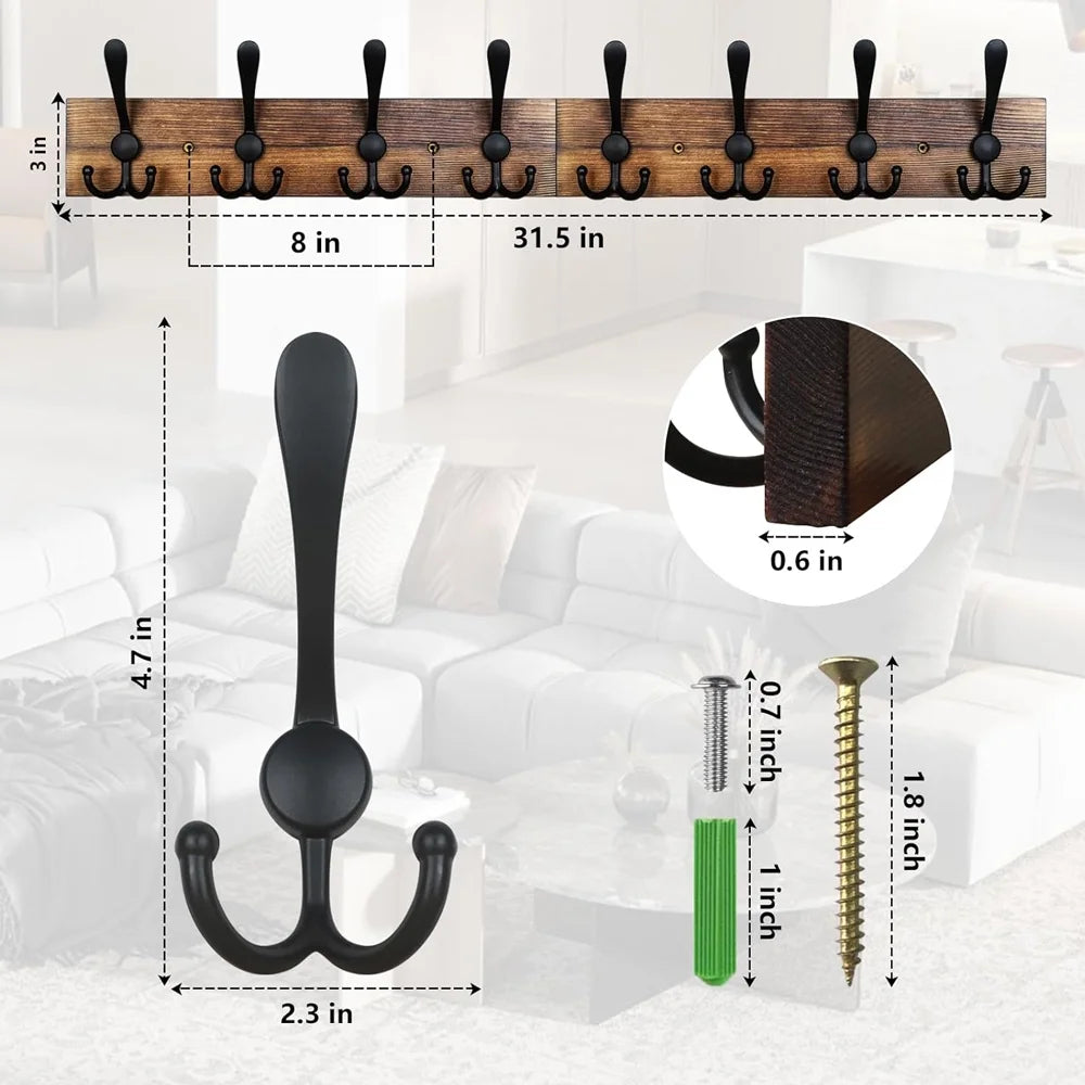 Wall Mounted Coat Rack 31.5'' Wooden Burnt Brown with 8 Black Hooks L275
