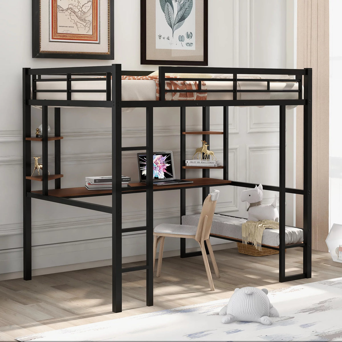 Black Full Metal Loft Bed with Desk and Shelves B7038