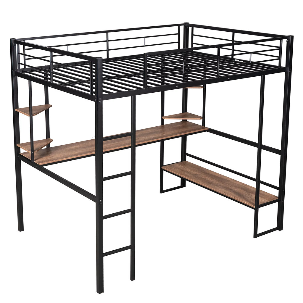 Black Full Metal Loft Bed with Desk and Shelves B7038