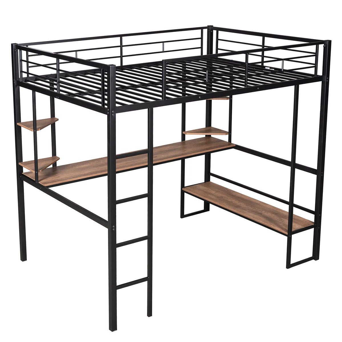 Black Full Metal Loft Bed with Desk and Shelves B7038