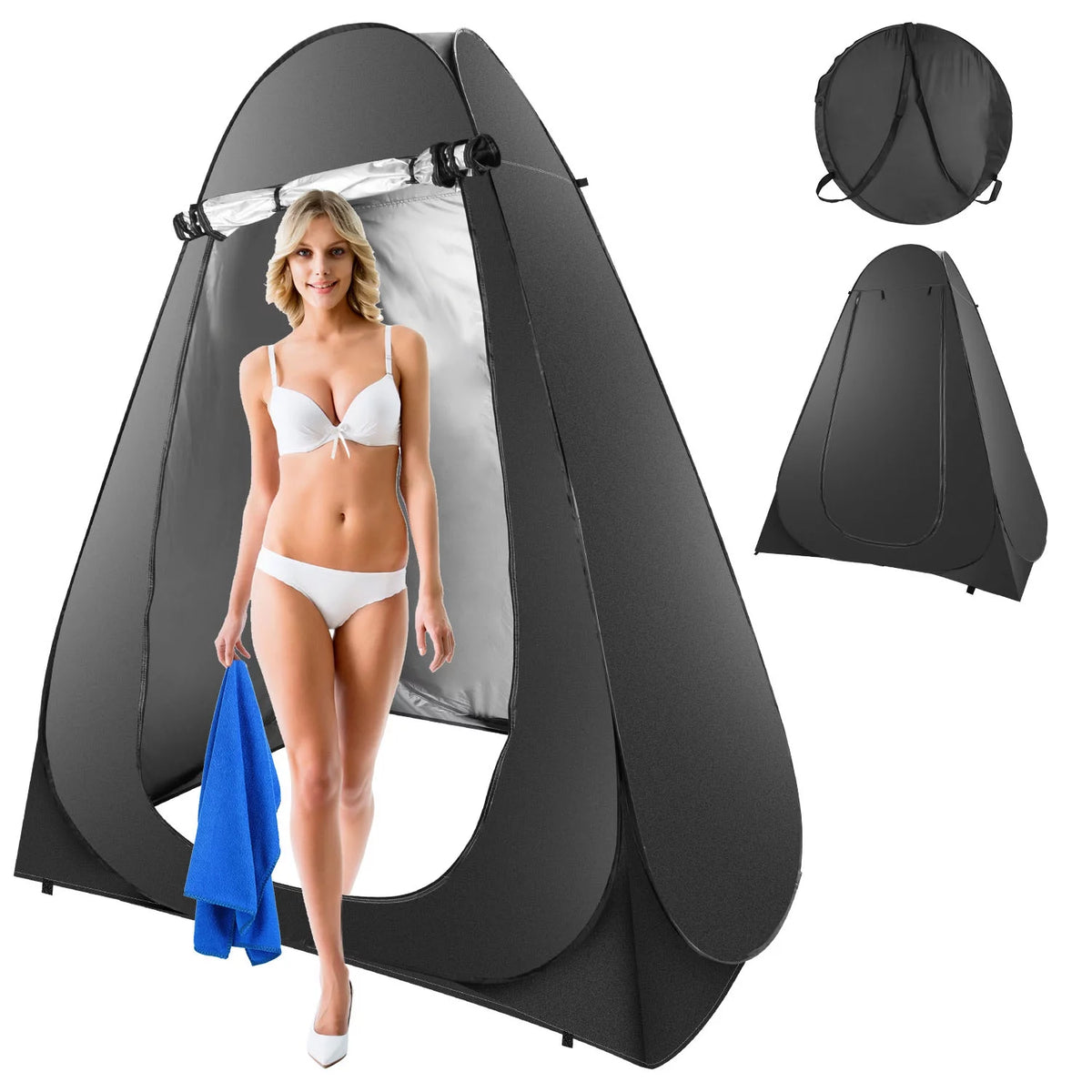 Pop up Privacy Tent 59x59x74.8in Portable Camping Shelter with Carry Bag Black J2314