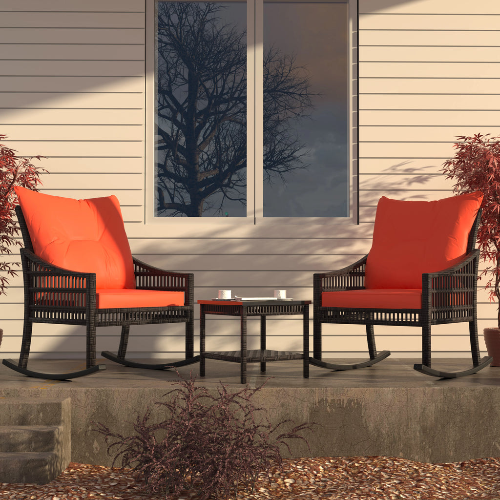 3-Piece Wicker Outdoor Rocking Chair Bistro Set with Table & Cushions H146051