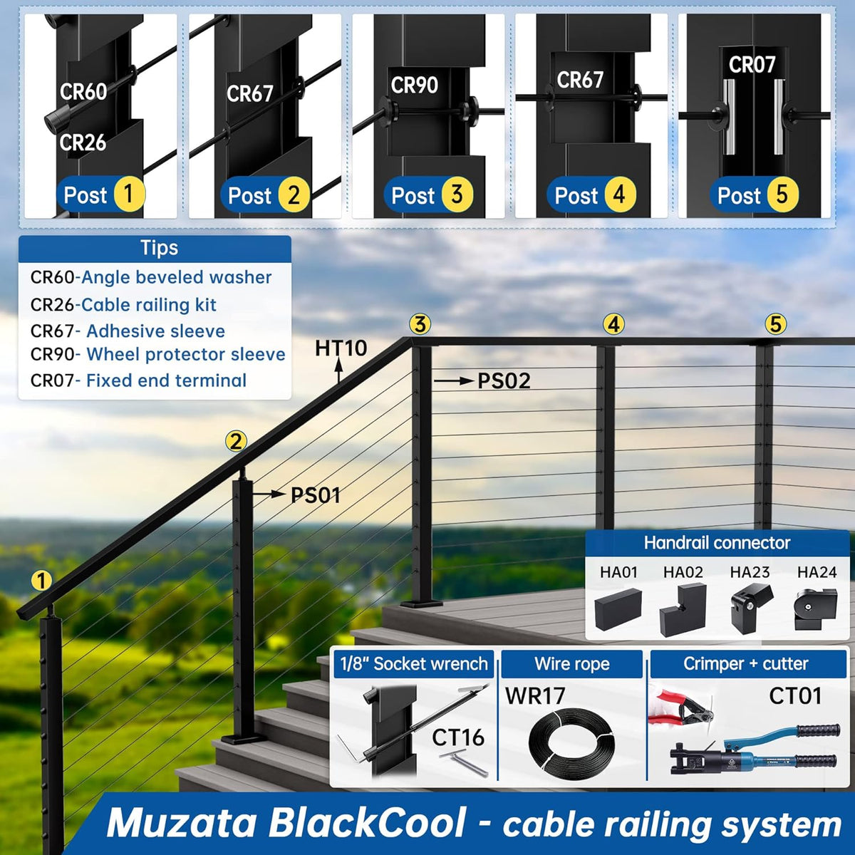 4 Pack Black Stainless Steel Cable Railing Post U91783