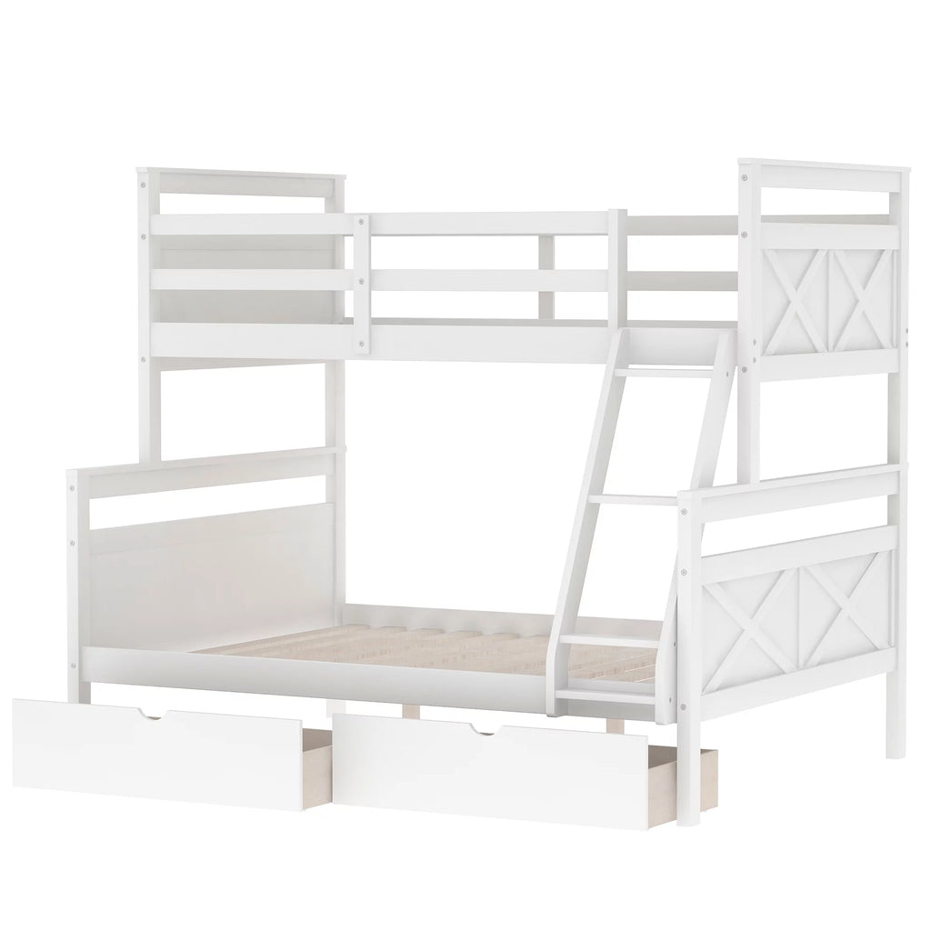 White Wood Twin over Full Bunk Bed with Trundle H55361