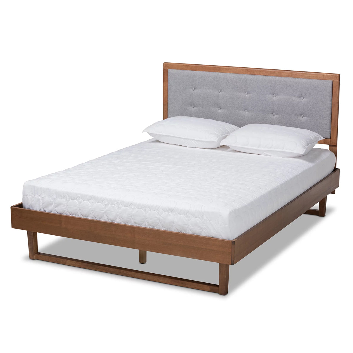 Light Grey Fabric Upholstered Ash Walnut Wood Queen Size Platform Bed Z906212