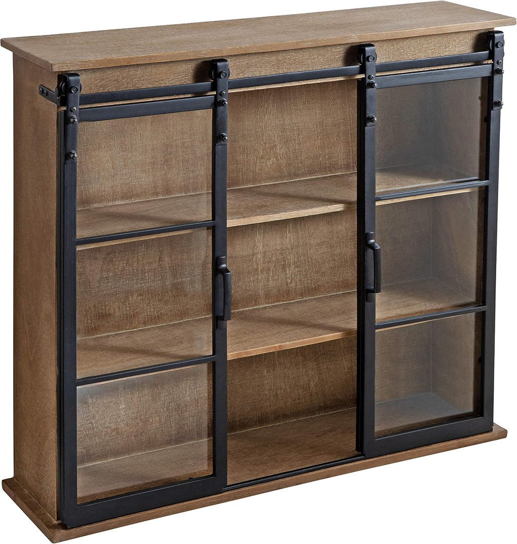 Rustic Brown Wooden Wall Cabinet with Two Sliding Glass Doors N34567