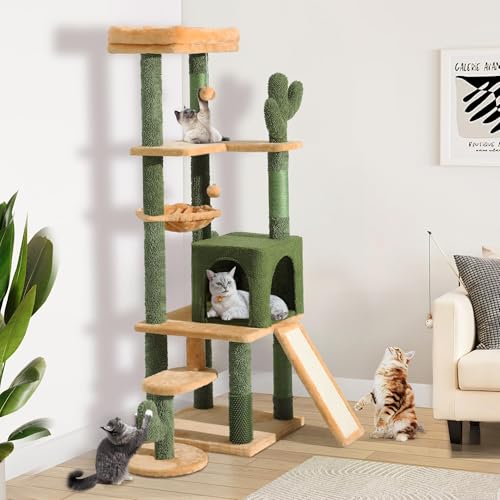 Tall Cat Tree Tower with Self-Grooming Brush, Sisal Scratching Posts and Board H4653