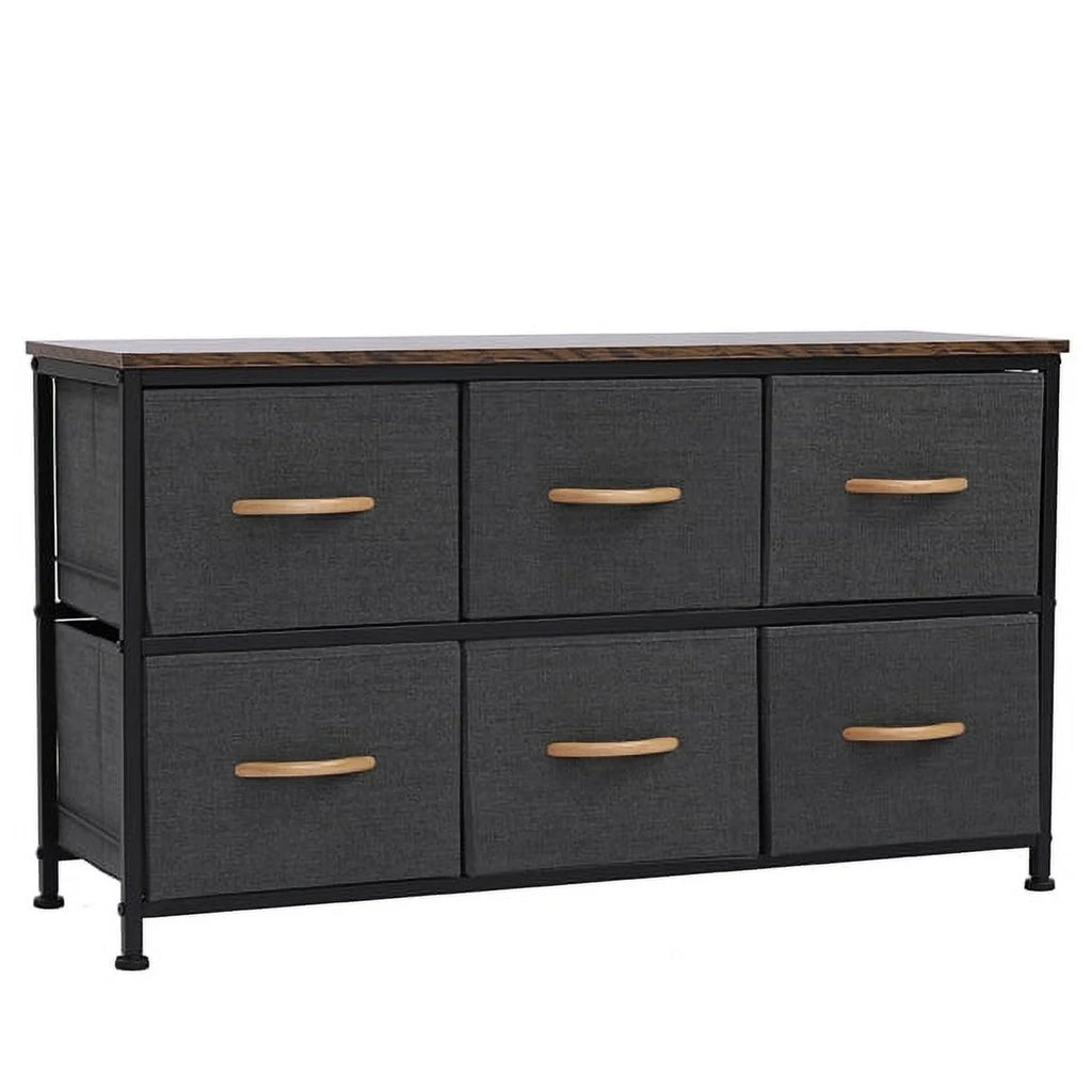 Gray 6 Drawer Fabric Dresser with Wooden Tabletop C1064