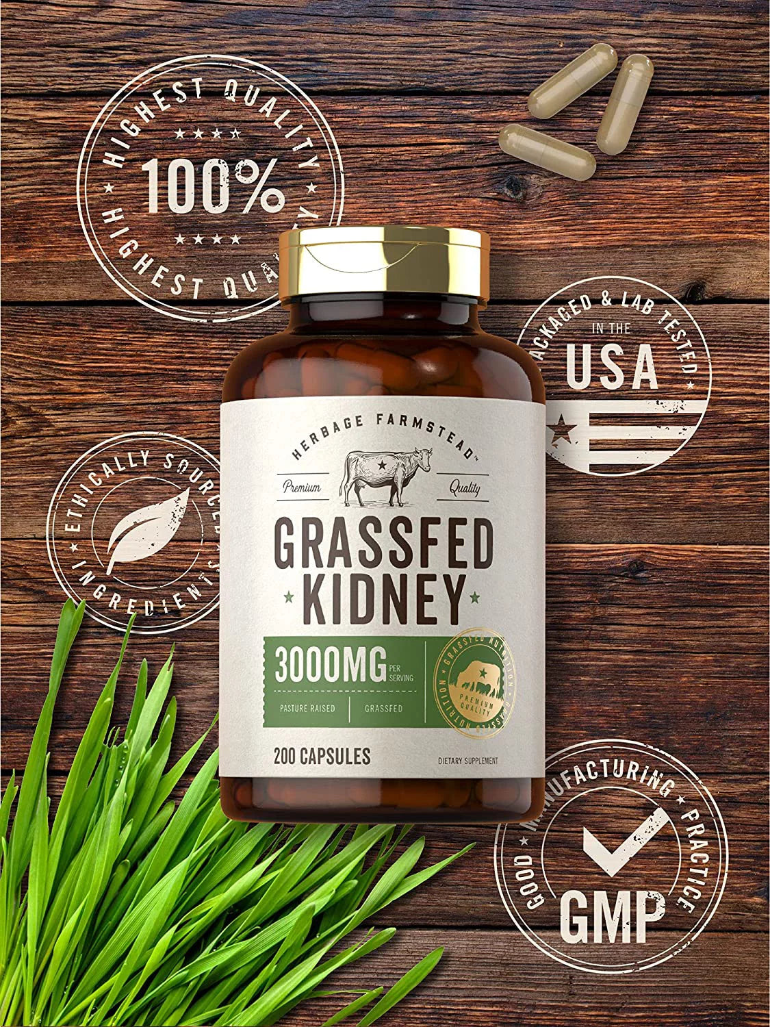 Grassfed Beef Kidney 3000mg 200 Capsules W811
