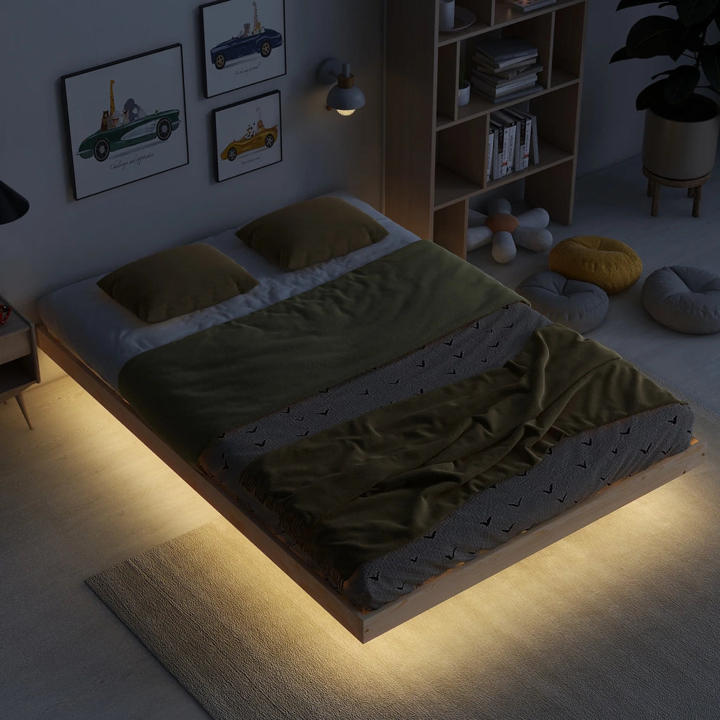 Full Size Grey Pinewood Floating Platform Bed with LED Lights R53572