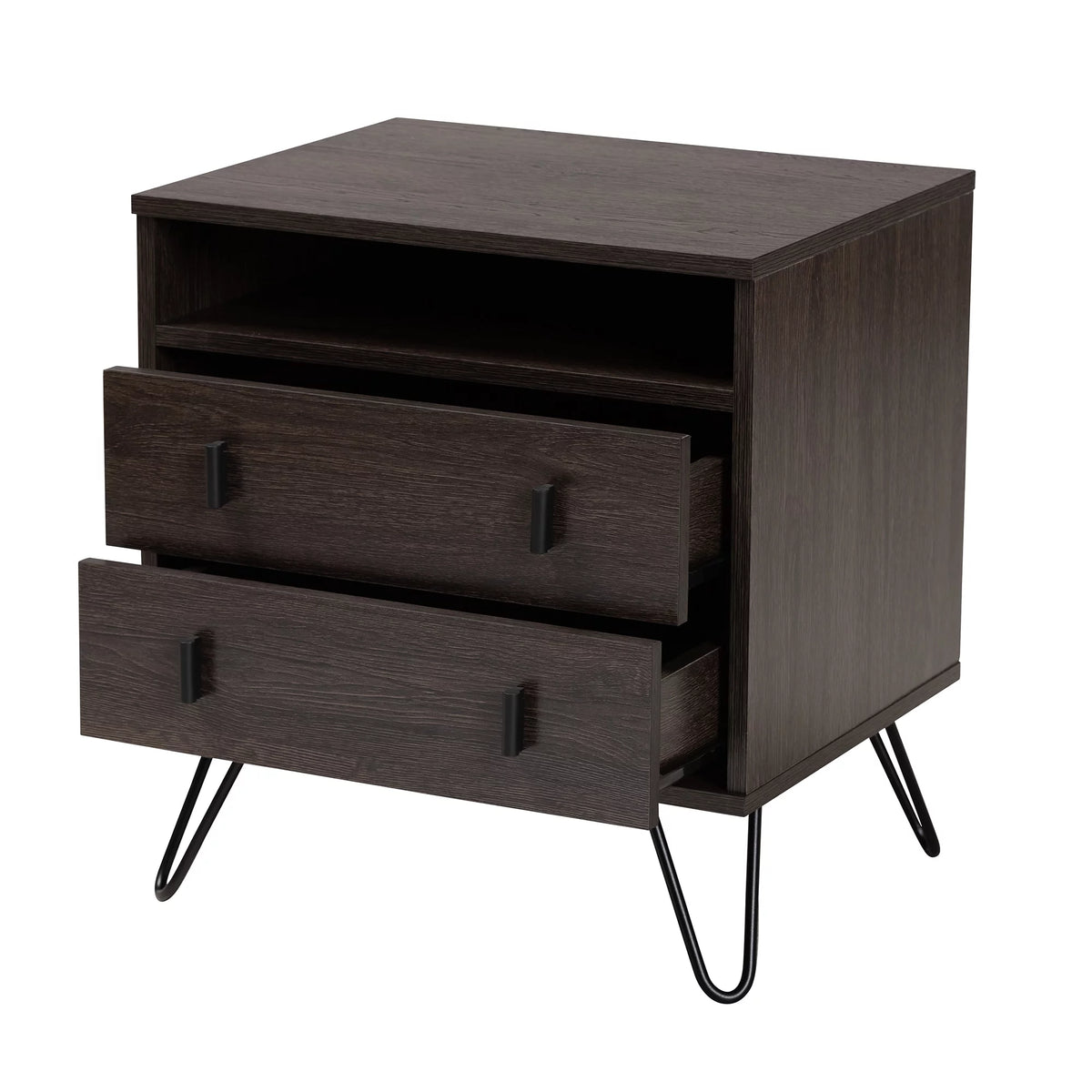 Dark Brown Wood and Black Metal 2-Drawer Nightstand B57977