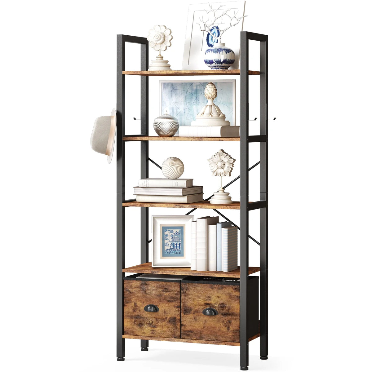 5 Shelf 2 Drawer Rustic Brown Bookcase M440627