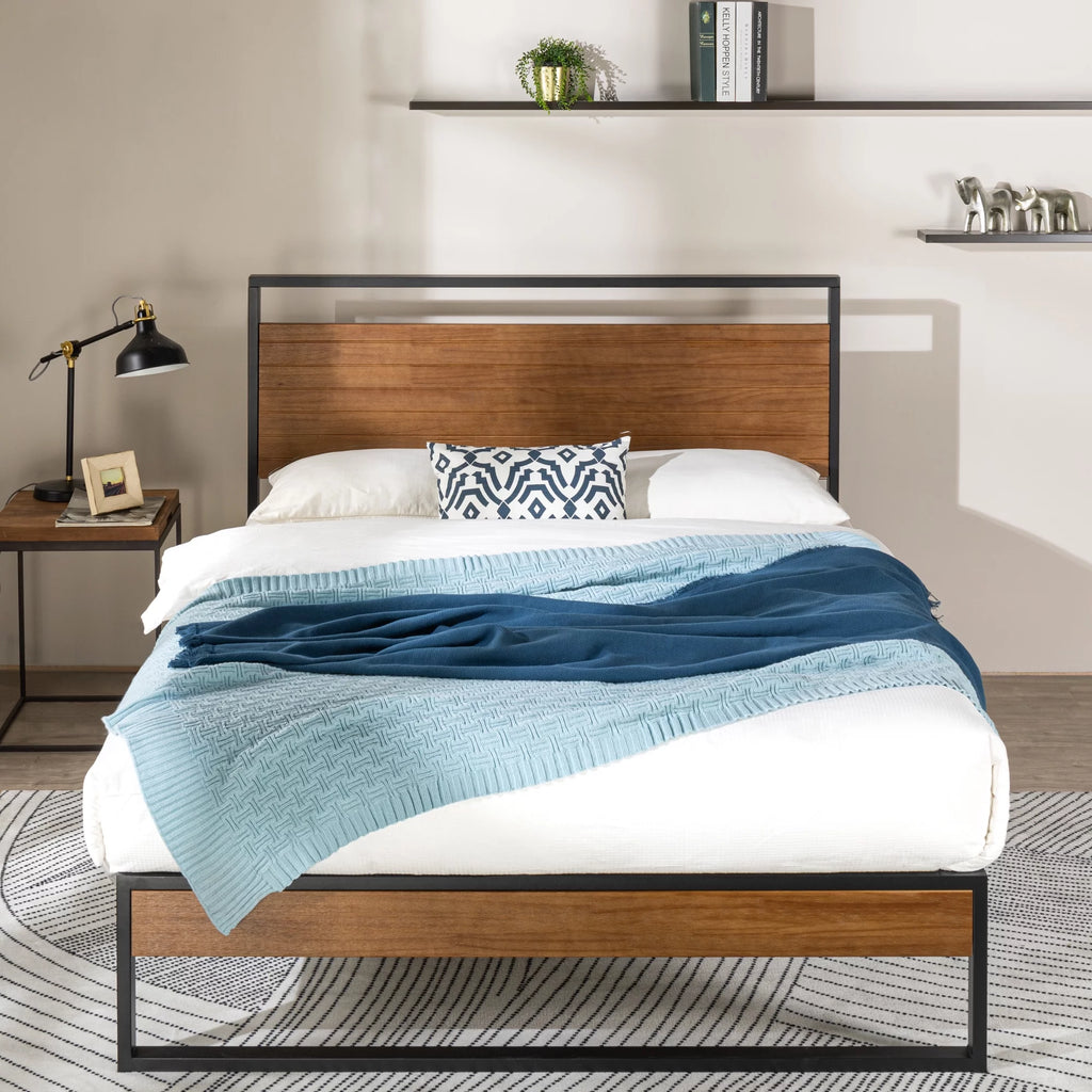 Metal and Wood Platform Bed Frame with Headboard, Chestnut Brown, Full Q3949