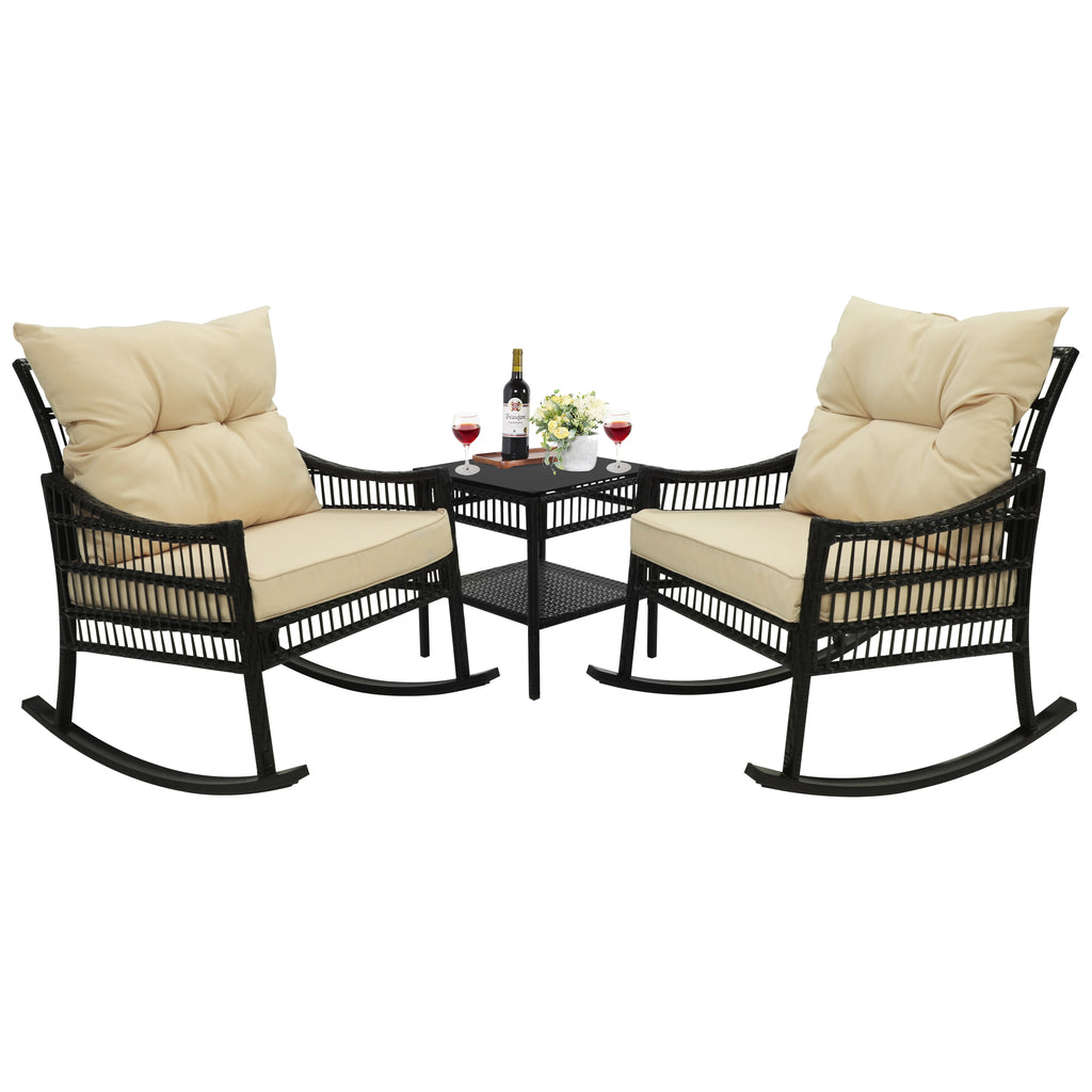 3-Piece Wicker Outdoor Rocking Chair Bistro Set with Table & Cushions H146051