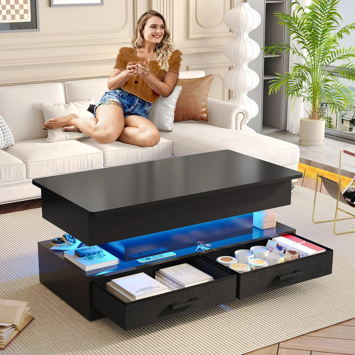 40" Lift Top Coffee Table with Storage and 2 Fabric Drawers W57060