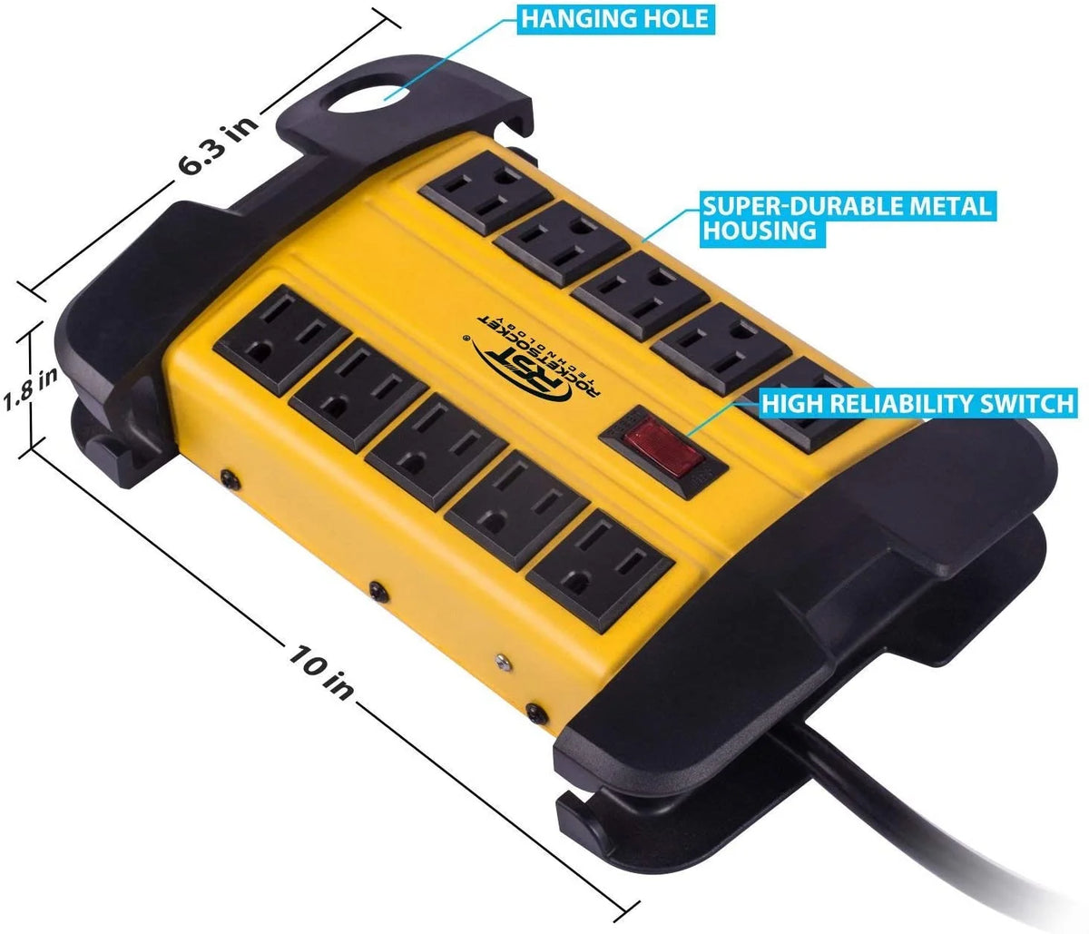 Metal Power Strip 10 Outlets 6 Feet Extension Cord 2800J Surge Protector O7219