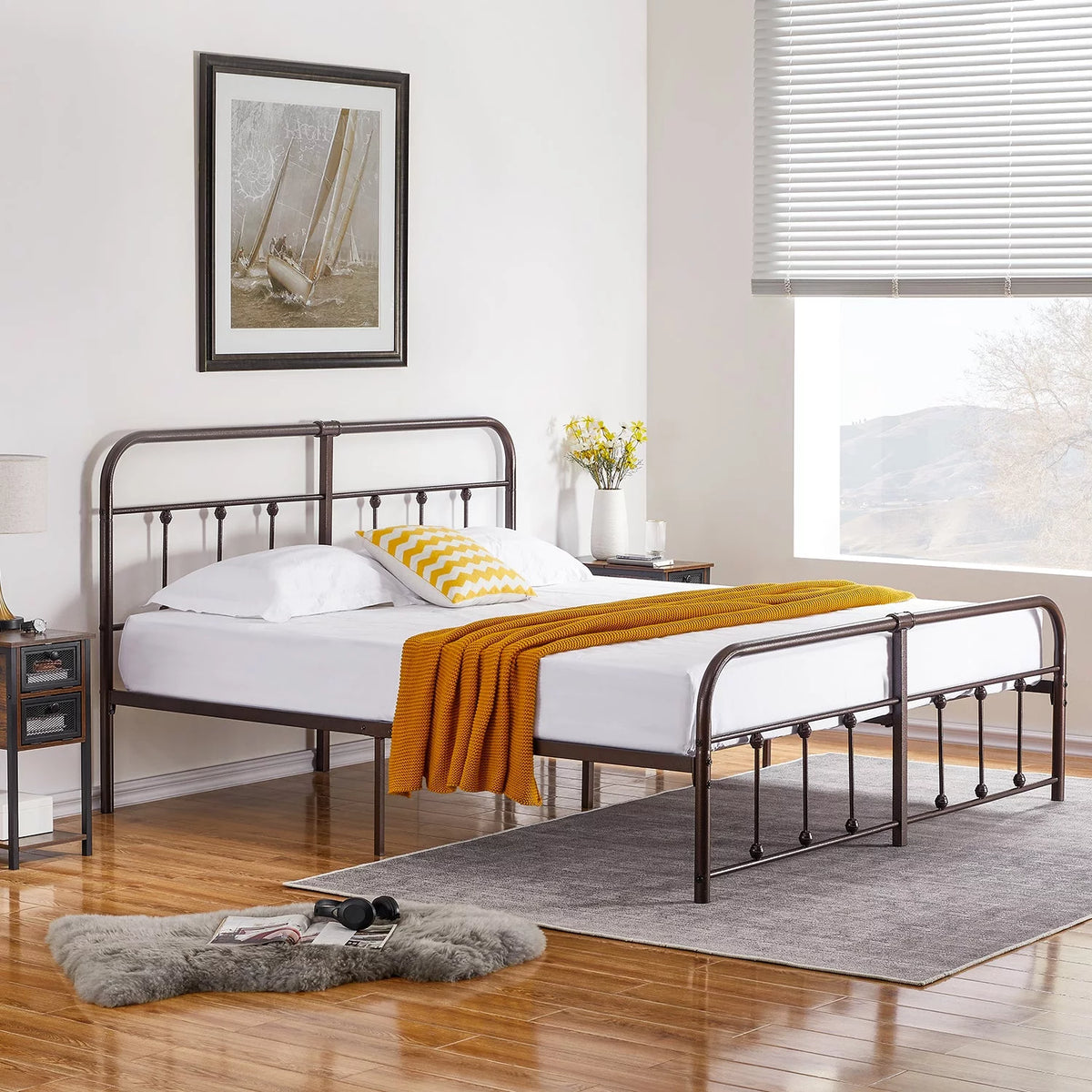 Queen Size Metal Bed Frame with Headboard and Footboard Y340303