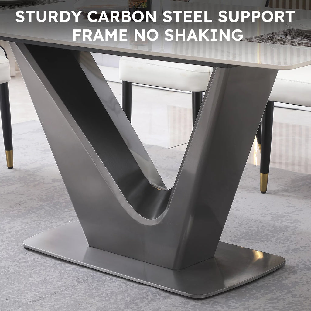 Modern Dining Table with Carrara White Marble Top and Black Steel V Shape Base, 63" V223