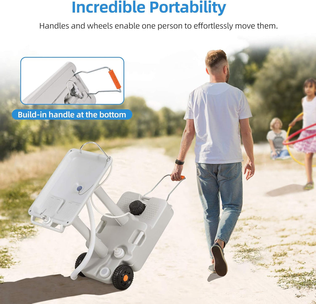 Portable Camping Sink with Rolling Wheels, 30 L Water Capacity, Soap Dispenser, Towel Holder, White D6487
