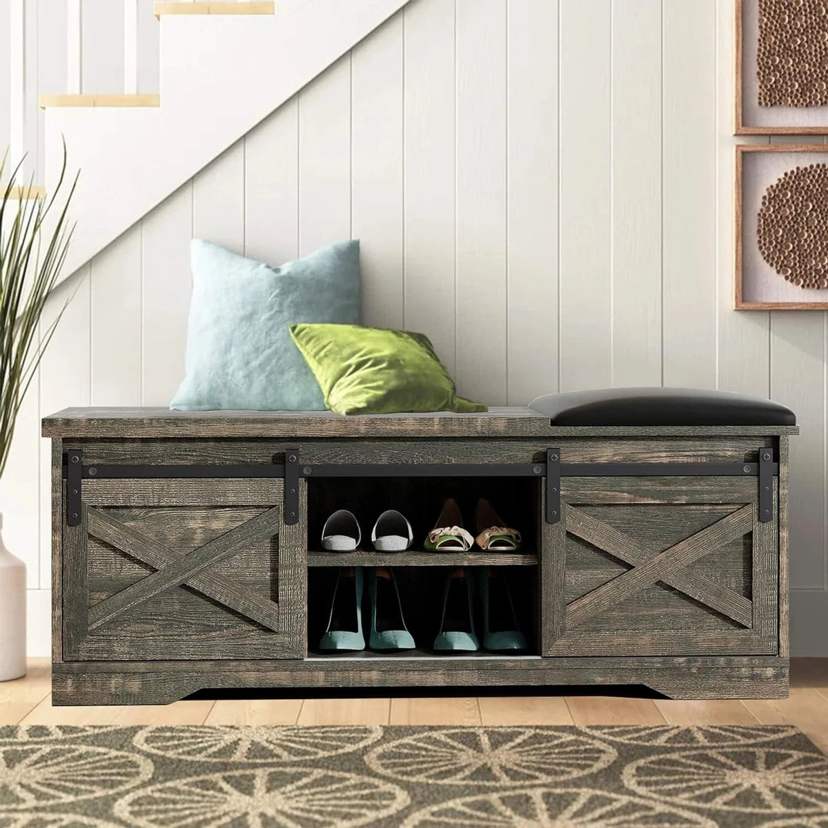47 inch 2-Tier Shoe Storage Bench with Sliding Barn Door L88142