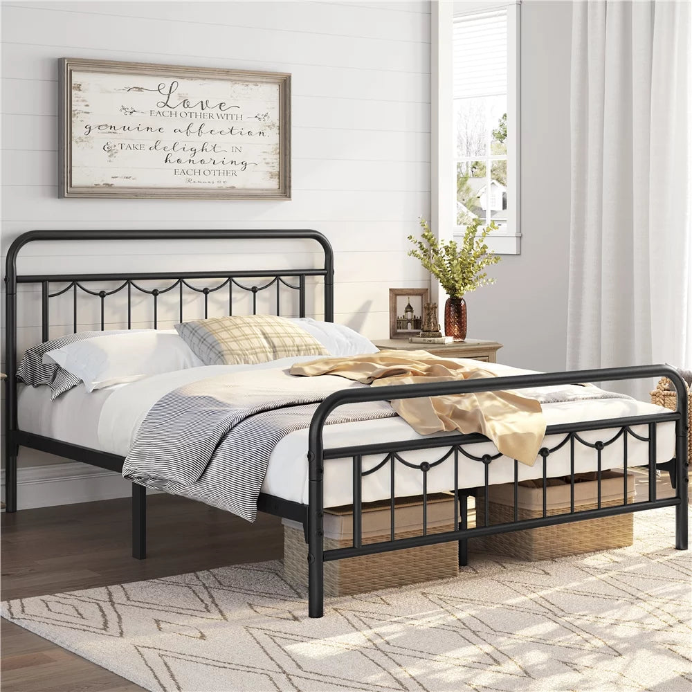 Queen Matte Black Metal Platform Bed Frame with Headboard and Footboard Q4176
