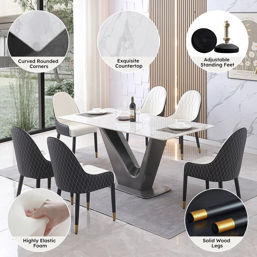 Modern Dining Table with Carrara White Marble Top and Black Steel V Shape Base, 63" V223