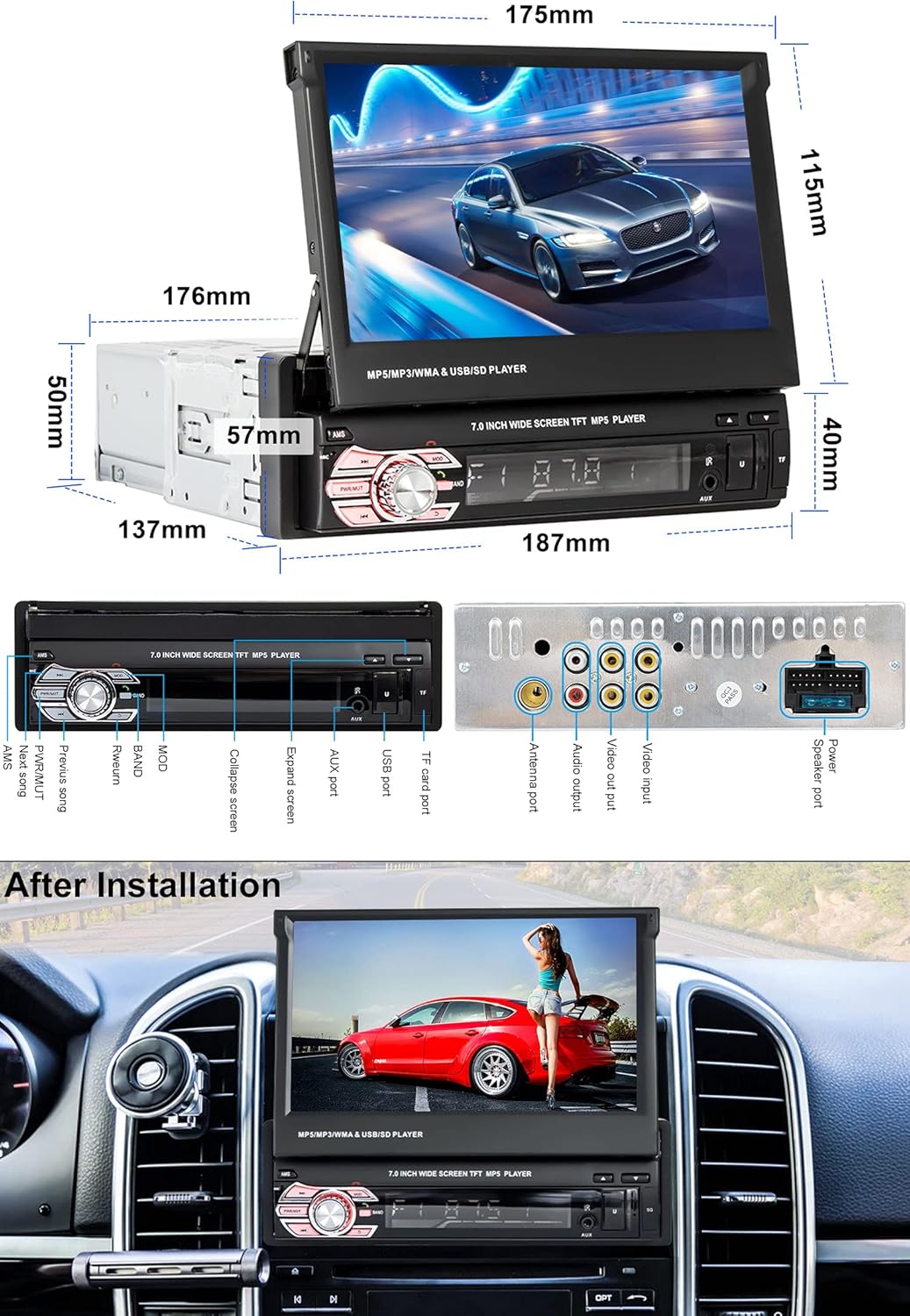 Single Din 7 Inch Flip Out Touchscreen Car Stereo with Backup Camera C422270