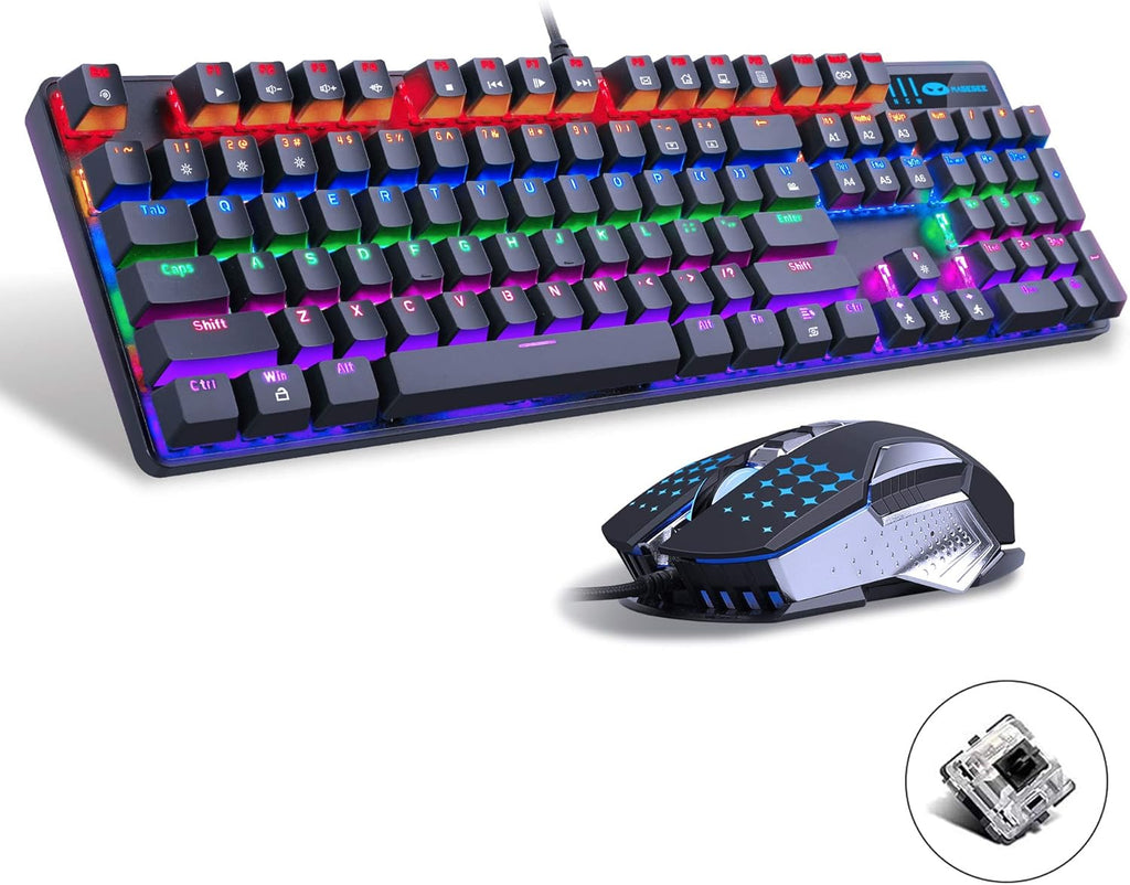 Mechanical Gaming Keyboard and Mouse Combo, 104 Keys Rainbow Backlit, Wired I8987