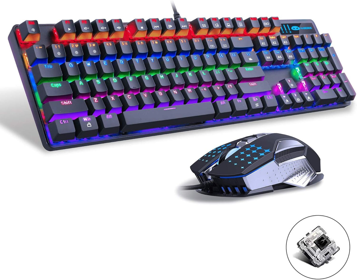 Mechanical Gaming Keyboard and Mouse Combo, 104 Keys Rainbow Backlit, Wired I8987