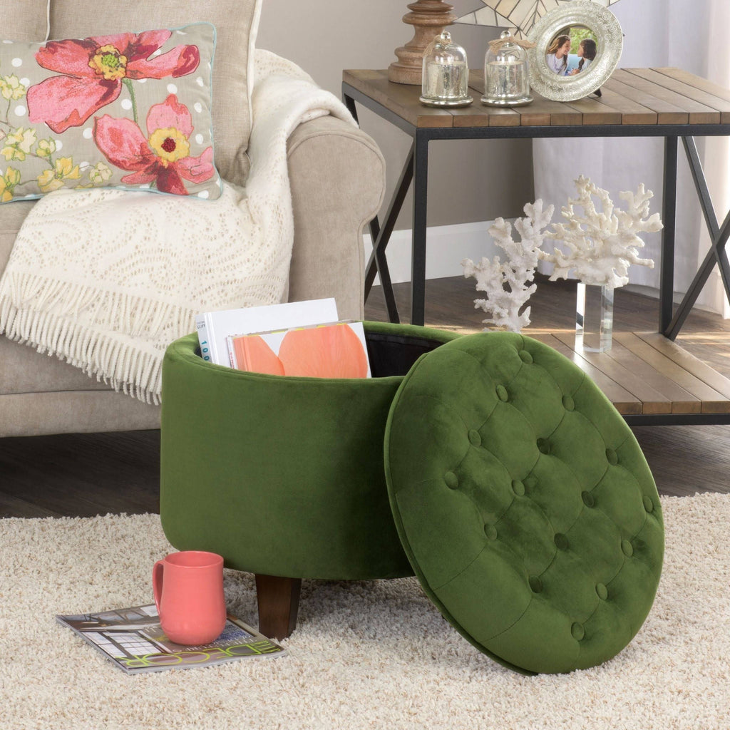 Velvet Forest Green Round Storage Ottoman P105427