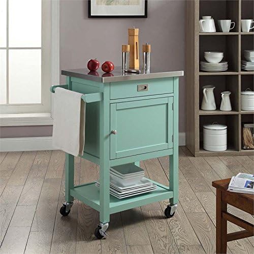 Stainless Steel Top Pine Wood Rolling Kitchen Island Cart with Drawer and Shelf O34369