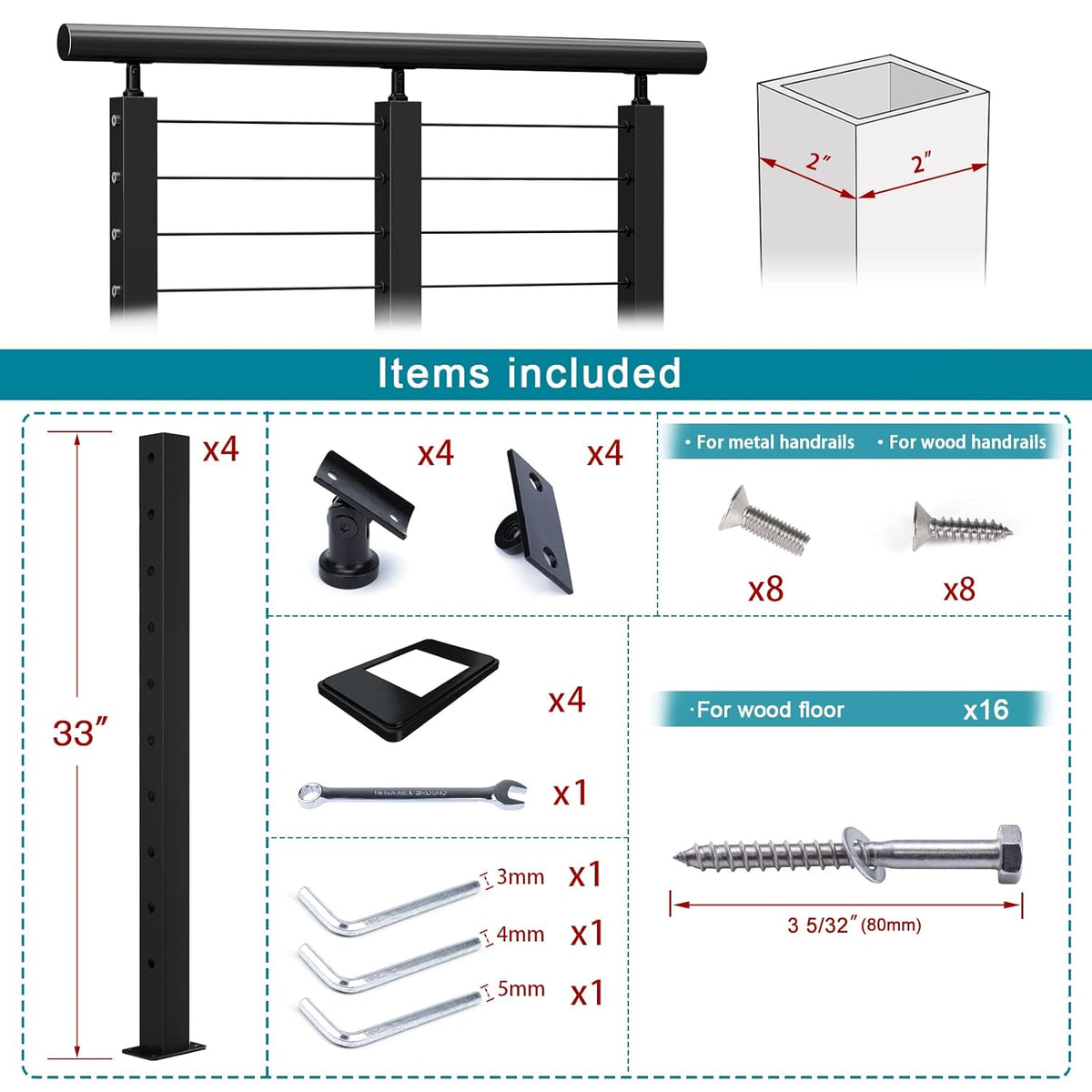 4 Pack Black Stainless Steel Cable Railing Post U91783