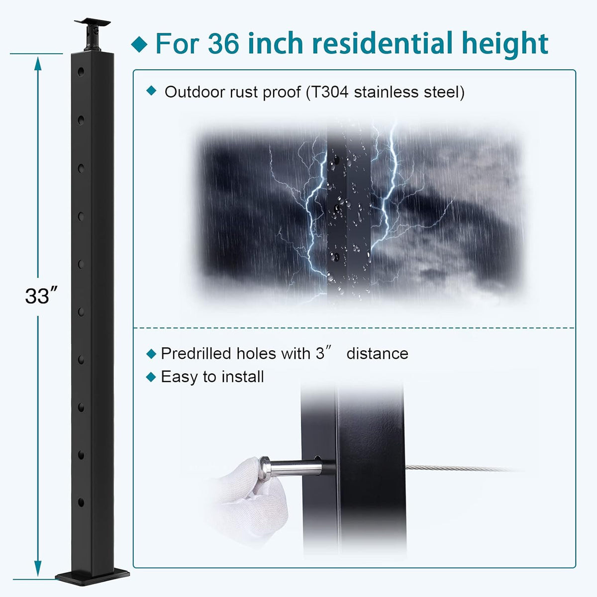 4 Pack Black Stainless Steel Cable Railing Post U91783