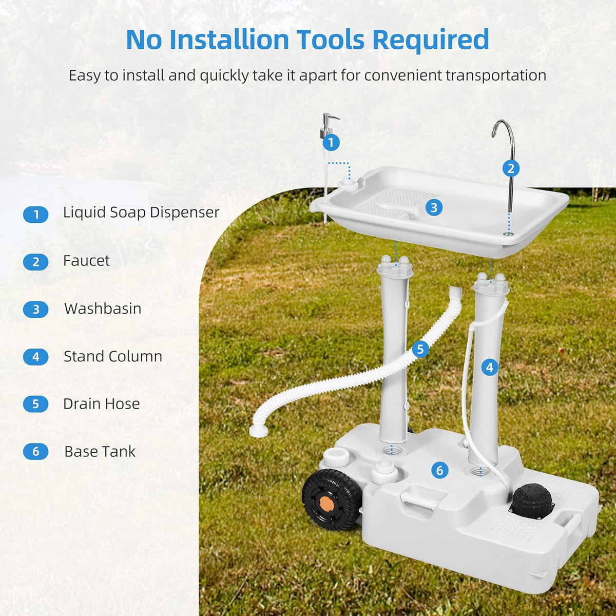 Portable Camping Sink with Rolling Wheels, 30 L Water Capacity, Soap Dispenser, Towel Holder, White D6487