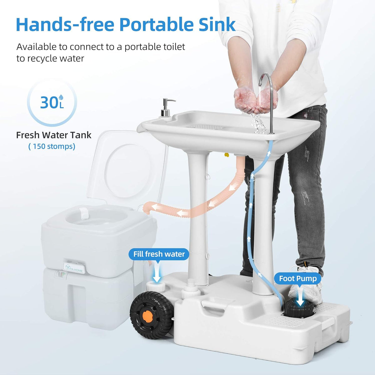 Portable Camping Sink with Rolling Wheels, 30 L Water Capacity, Soap Dispenser, Towel Holder, White D6487