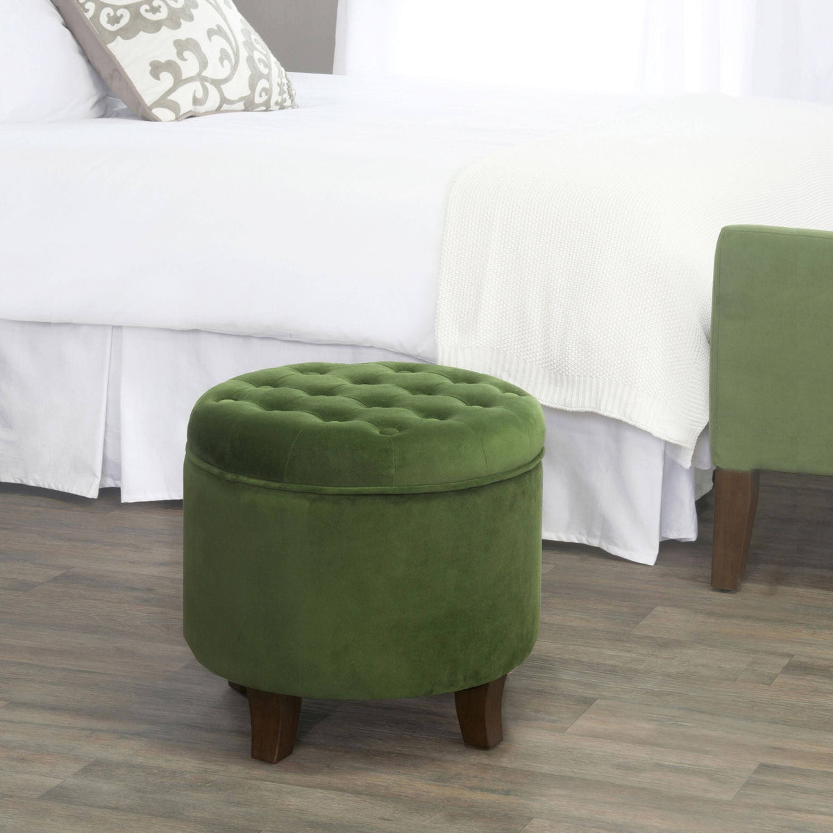 Velvet Forest Green Round Storage Ottoman P105427