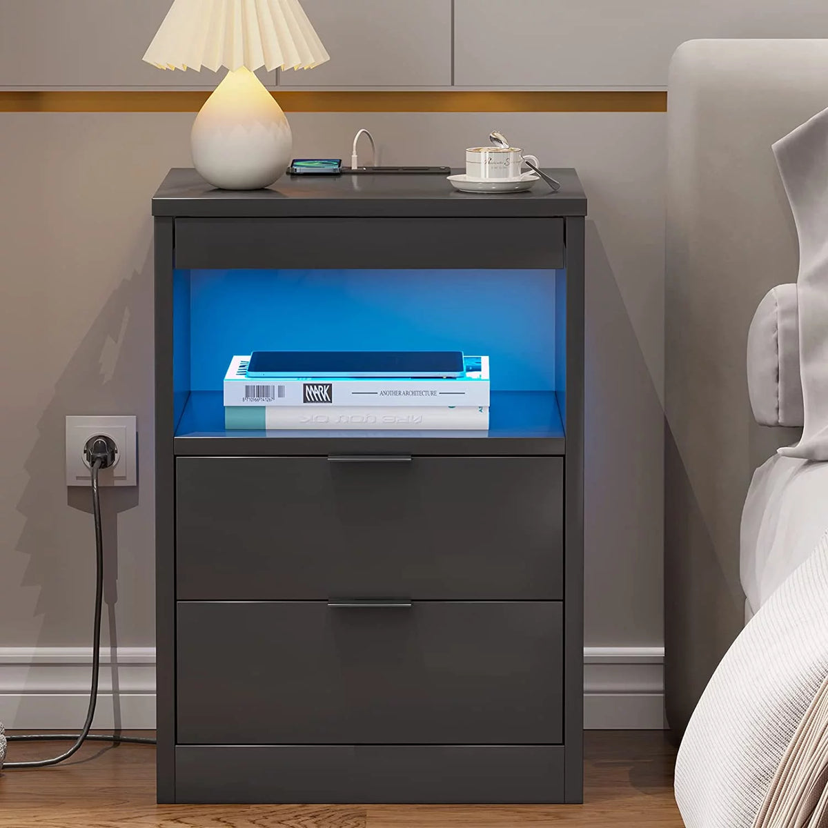 Black 2 Drawer Nightstand with Wireless Charging Station I210505