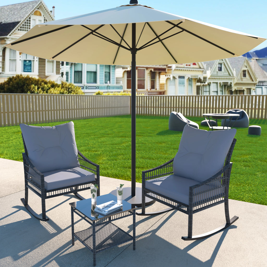 3-Piece Wicker Outdoor Rocking Chair Bistro Set with Table & Cushions H146051