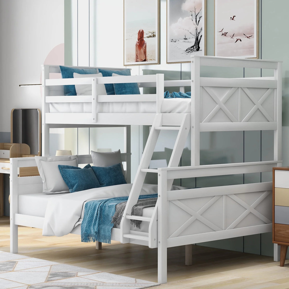 White Wood Twin over Full Bunk Bed with Trundle H55361