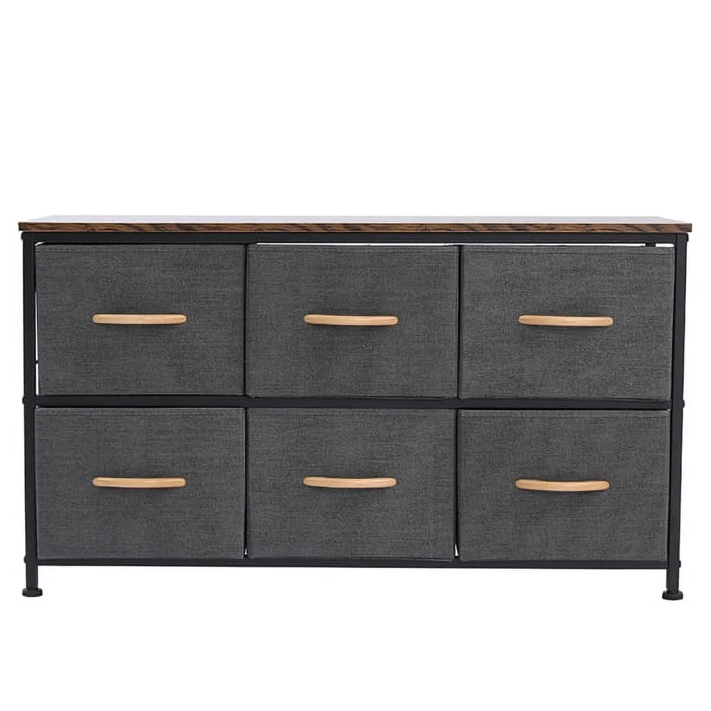 Gray 6 Drawer Fabric Dresser with Wooden Tabletop C1064
