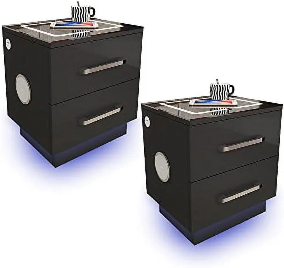 Black Nightstand with Drawers and Charging Station P597