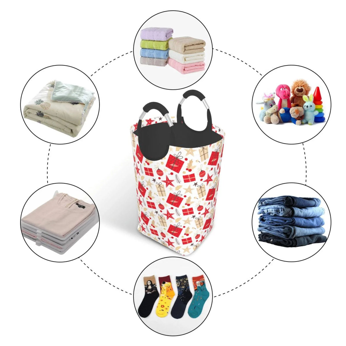 Collapsible Laundry Basket Hamper, Red Christmas Print 50L H304643